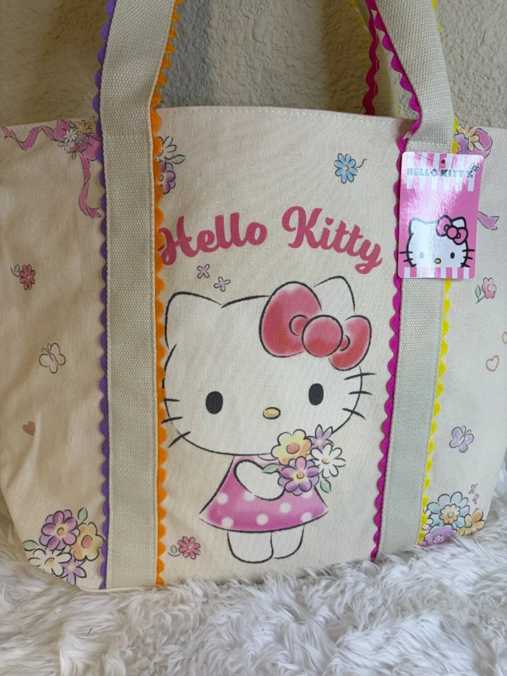 VIRAL Hello Kitty Canvas Tote Bag Floral Bow Pink Sanrio Shopper Bag NWT